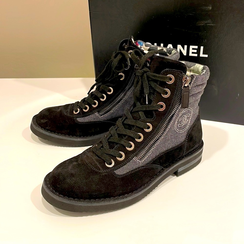CHANEL Black and Gray Combat Boots